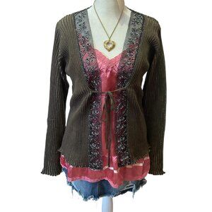 Choise Brown Bead-Embellished Tie-Front Cardigan